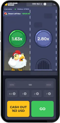 Chicken Road cashout screen with 163 USD payout